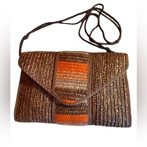 Straw Beachy Clutch Purse Shoulder Bag, Orange and Brown Snap Closure